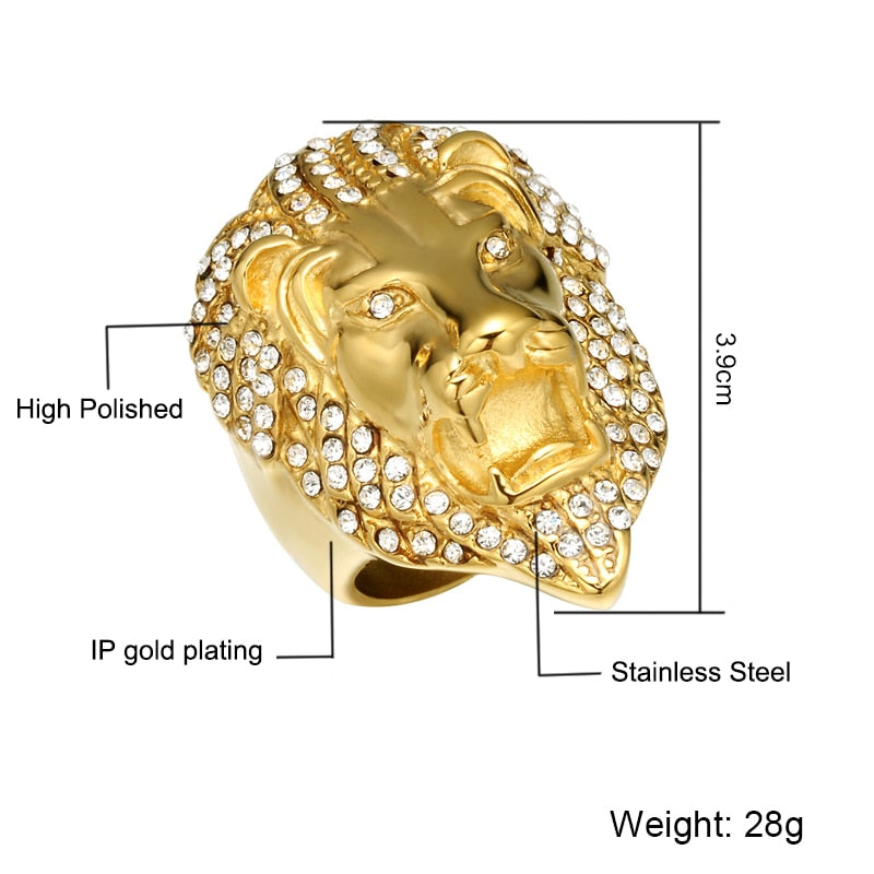 Gold Lion Head Rhinestone Metal Ring