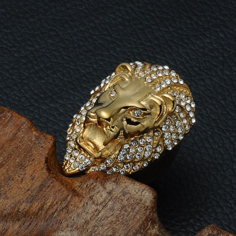 Gold Lion Head Rhinestone Metal Ring