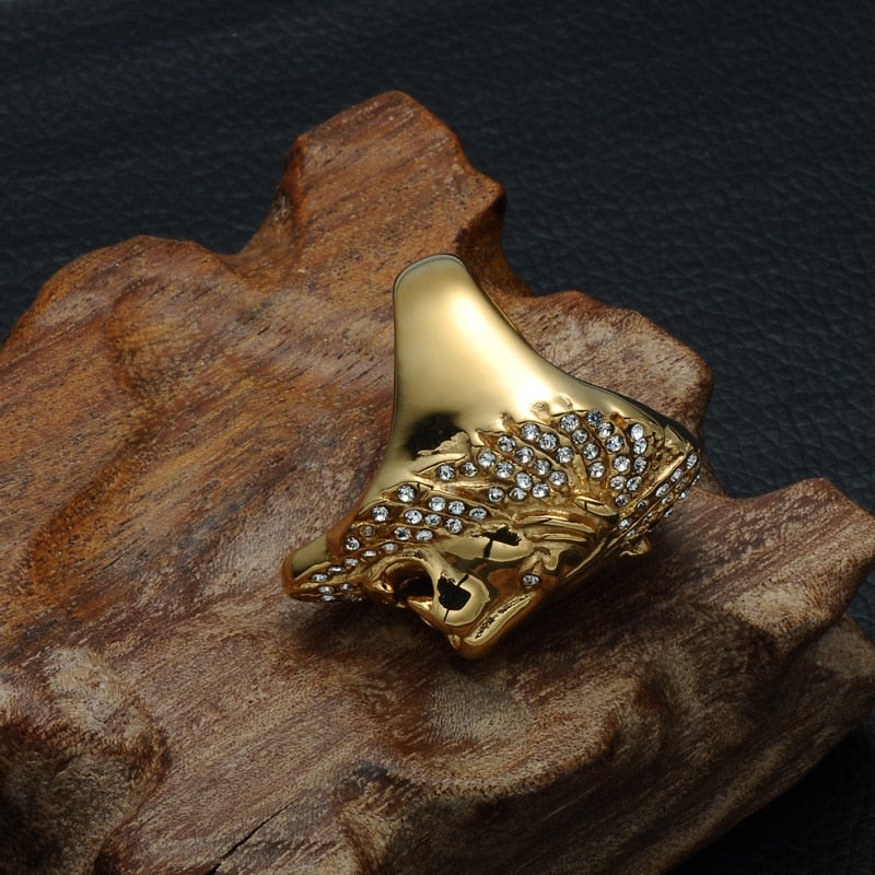 Gold Lion Head Rhinestone Metal Ring