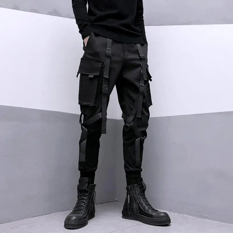 Ribbon Pocket Techwear Black Cargo Pants