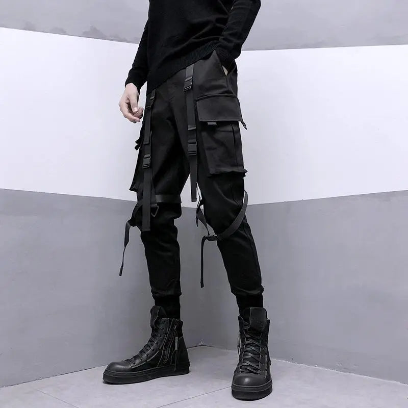 Ribbon Pocket Techwear Black Cargo Pants