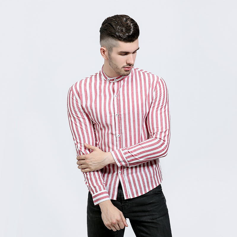 Classic Red Striped Mandarin Collar Men Slim Fit Long Sleeves Shirt - FanFreakz