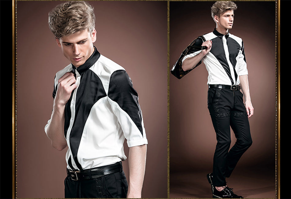 Black & White Patchwork Contrast Men Slim Korean Style Mid-Sleeve Shirt - FanFreakz