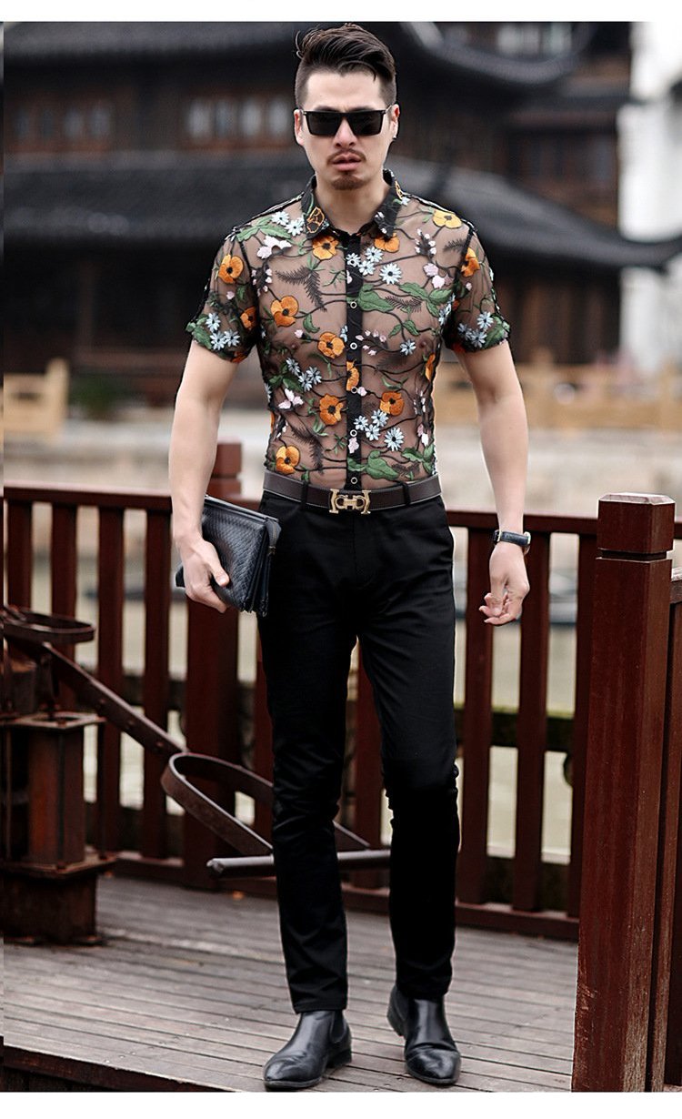 Orange Flower Embroidery See Through Men Short Sleeve Slim Fit Shirt - FanFreakz