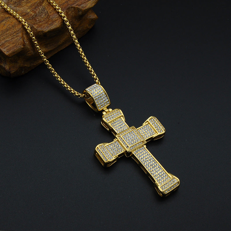 Royal Style Rhinestones Men Gold Color Stainles Steel Cross Necklace - FanFreakz