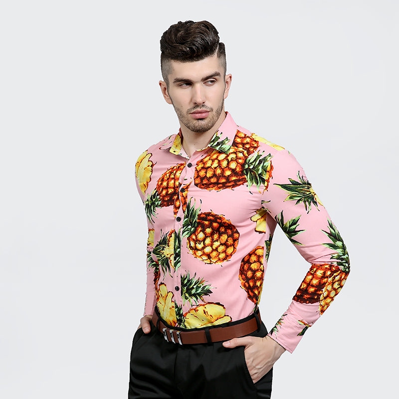 Pineapple Print Men Slim Fit Long Sleeves Shirt - FanFreakz