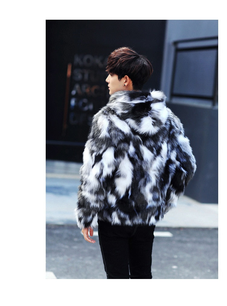 Black and White Fur Luxurious Men Jacket with Hoody - FanFreakz