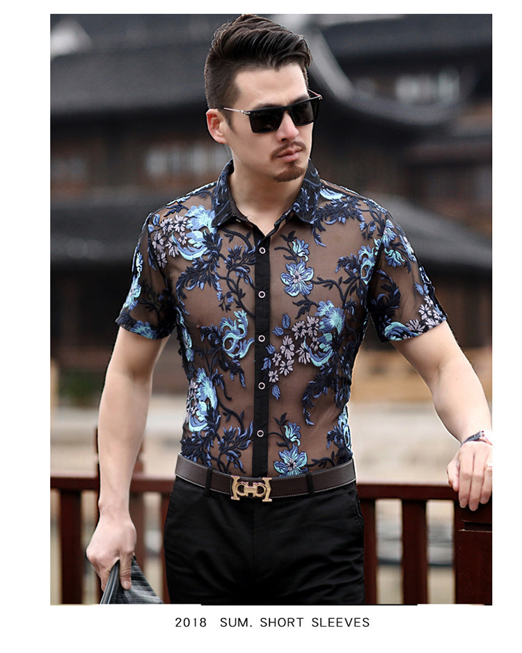 Embroidery Sexy Men Transparent Mesh Slim Fit Shirt - FanFreakz