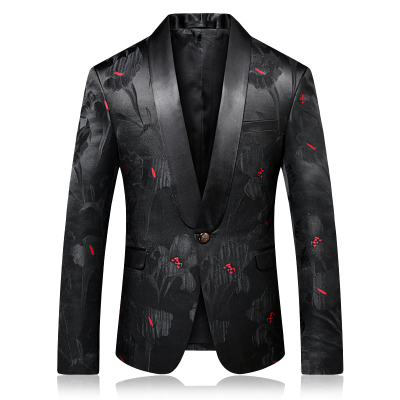 Dark Floral Red Pollen Lapel Men Shawl Lapel Blazer - FanFreakz