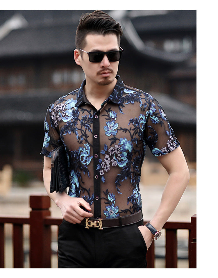 Embroidery Sexy Men Transparent Mesh Slim Fit Shirt - FanFreakz