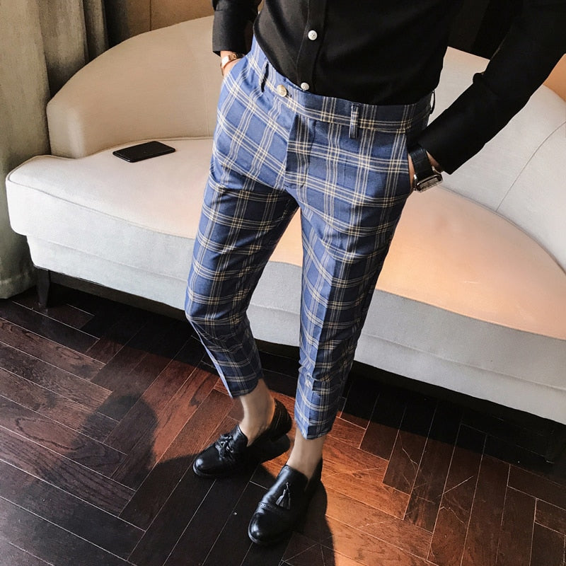 Plaid Business Casual Slim Fit Classic Vintage Men Trouser