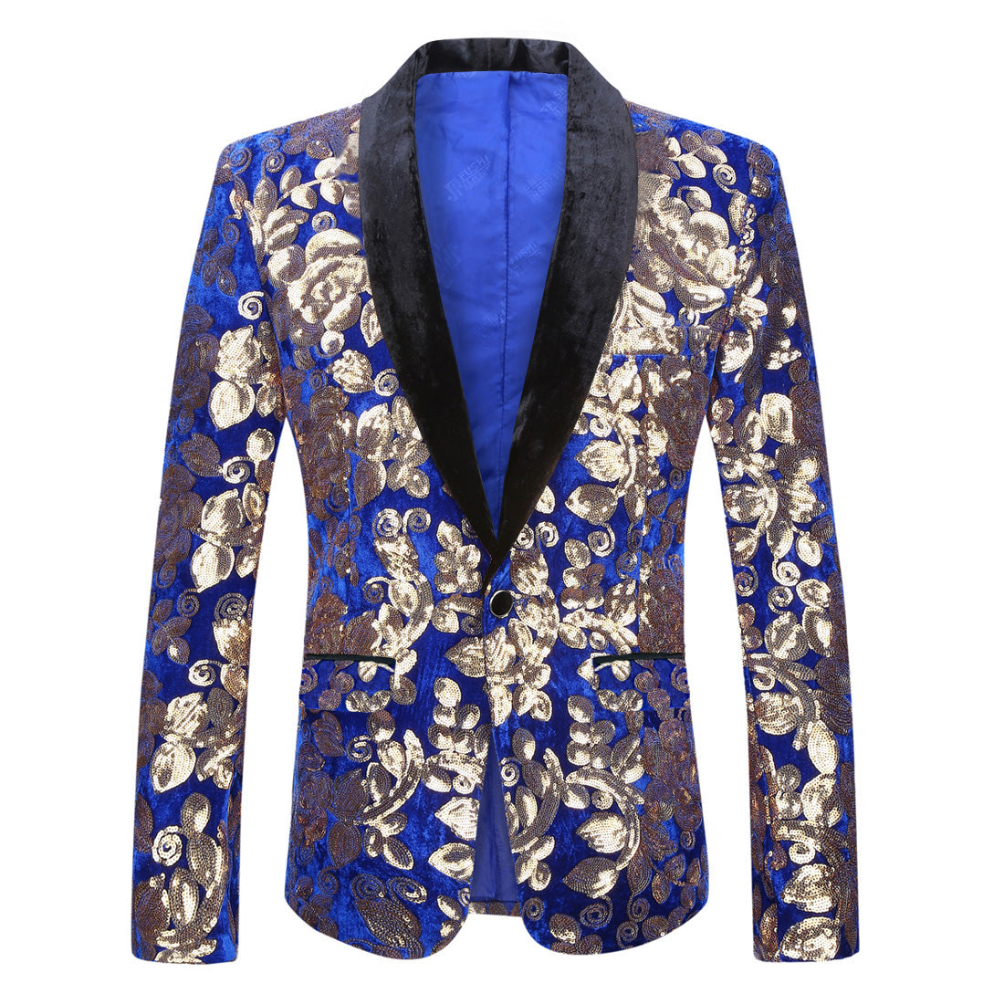 Electric Blue with Gold Sequins Shawl Lapel Men Velvet Slim Fit Blazer - FanFreakz