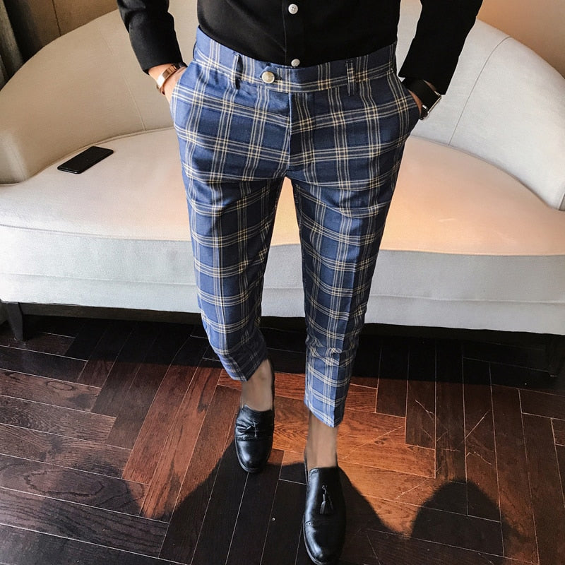 Plaid Business Casual Slim Fit Classic Vintage Men Trouser