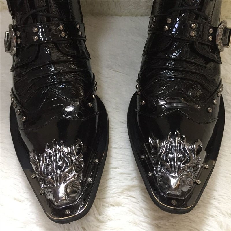 Punk Style Men High Top Boots with Iron Pointed Toe Lace Up Cowboy