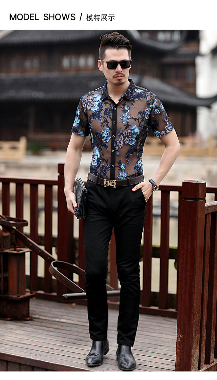 Embroidery Sexy Men Transparent Mesh Slim Fit Shirt - FanFreakz