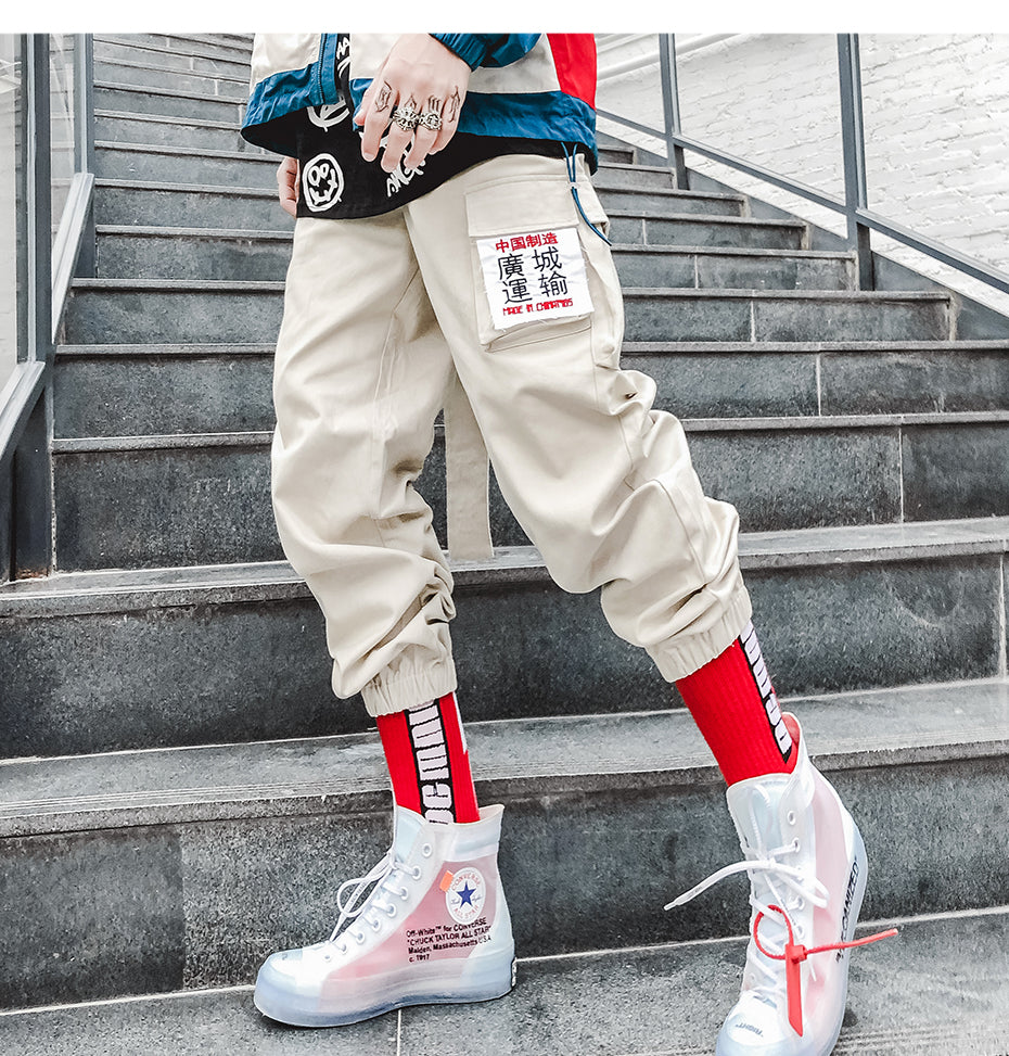 Chinese Letter Embroidery Dangling Ribbon Men Casual Streetwear Pants - FanFreakz