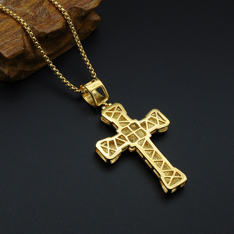 Royal Style Rhinestones Men Gold Color Stainles Steel Cross Necklace - FanFreakz