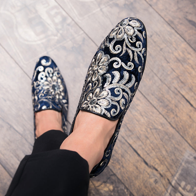 Floral Sequins Men Royal Style Loafers Shoes - FanFreakz