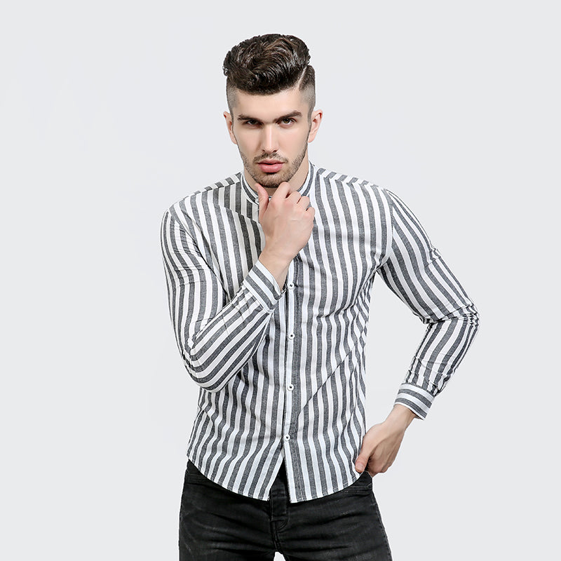 Classic Red Striped Mandarin Collar Men Slim Fit Long Sleeves Shirt - FanFreakz