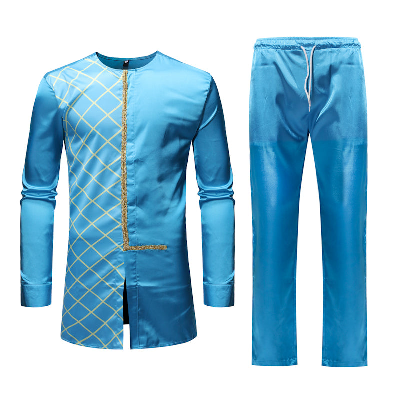 Glowing Solid Blue in African Dashiki Style Men Shirt and Pant Set