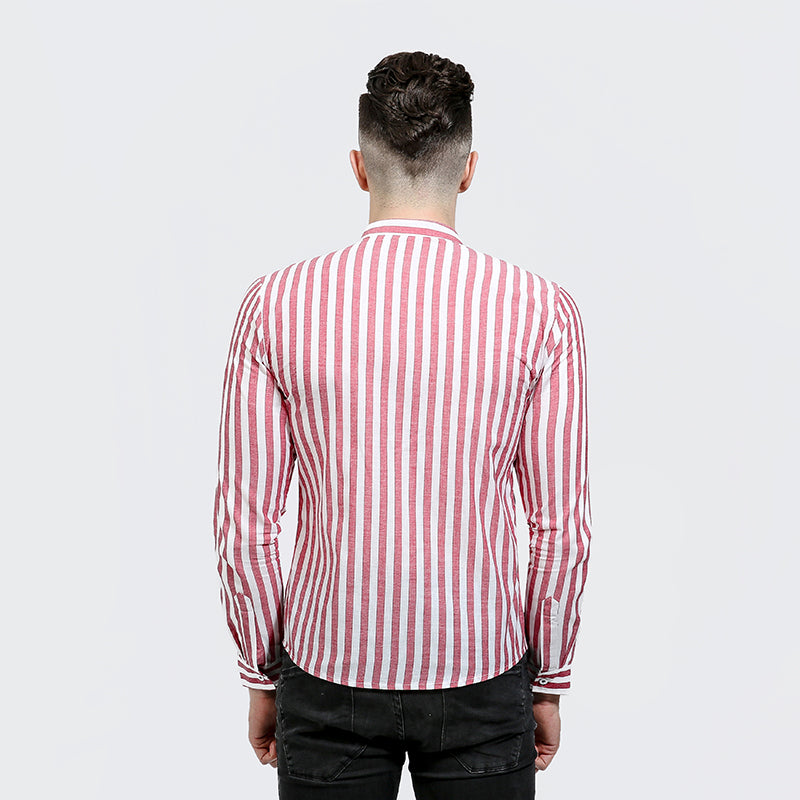 Classic Red Striped Mandarin Collar Men Slim Fit Long Sleeves Shirt - FanFreakz