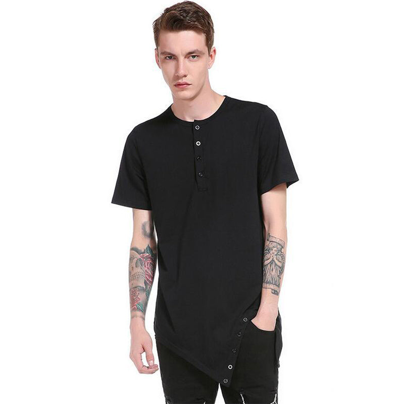 Asymmetric Cut Hem Men Buttoned Neckline T-Shirt