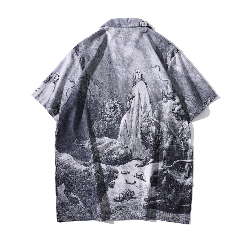 Grey Angelic And Lions Printed Polyester Shirt