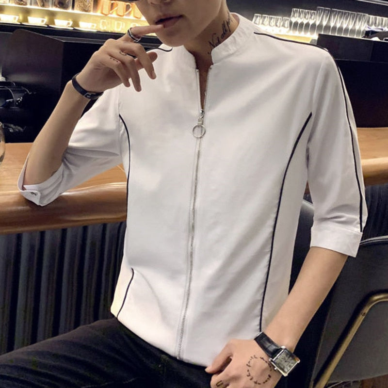 Solid Stand Collar Style Half-Sleeved Shirts