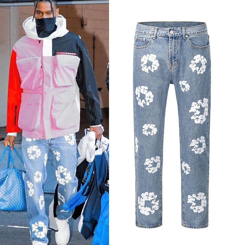 Flower White Printed Straight Jeans