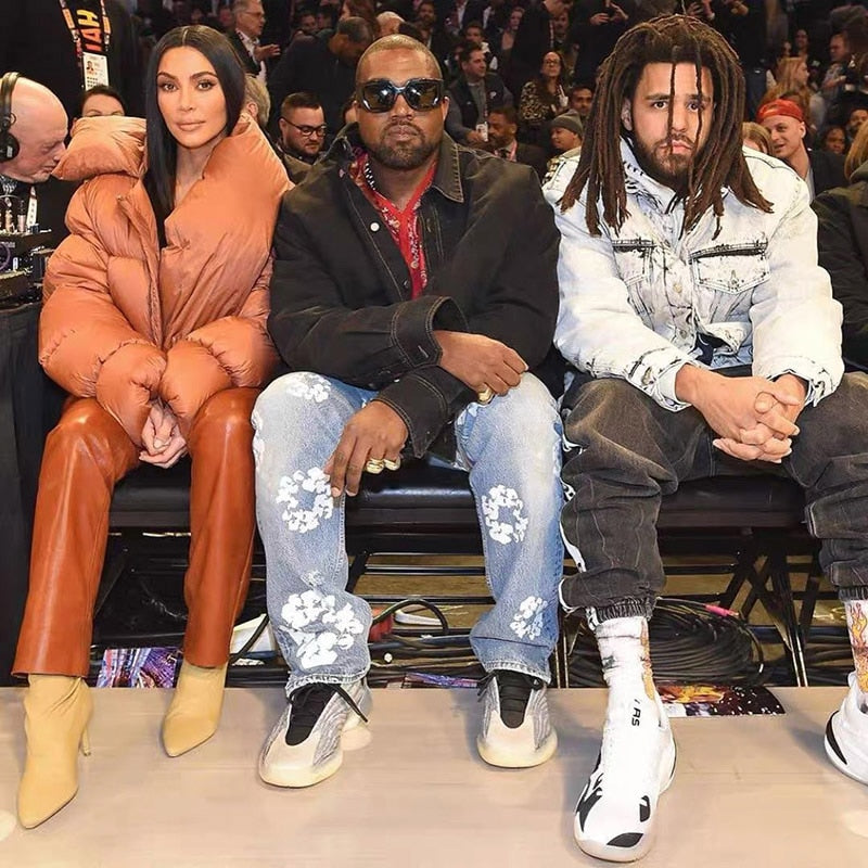 Flower White Printed Straight Jeans