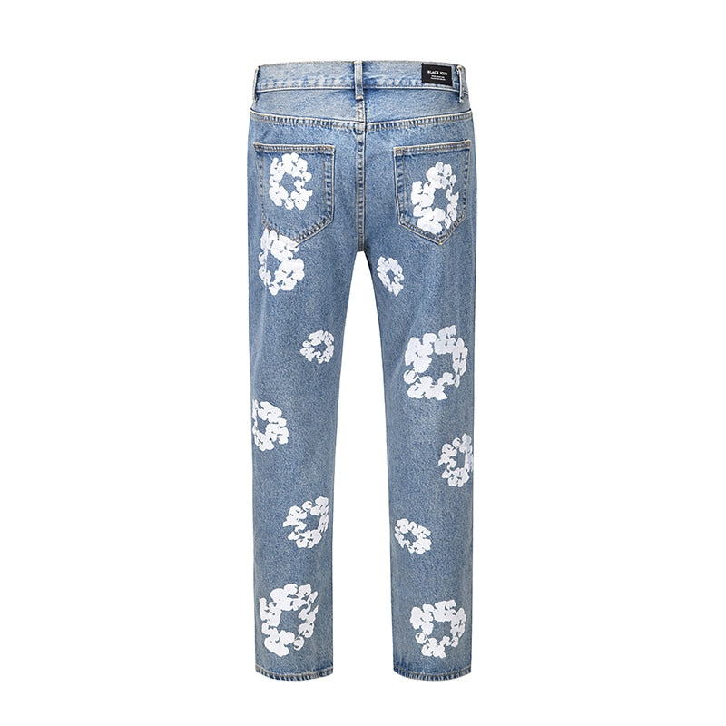 Flower White Printed Straight Jeans