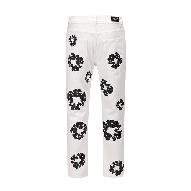 Flower White Printed Straight Jeans