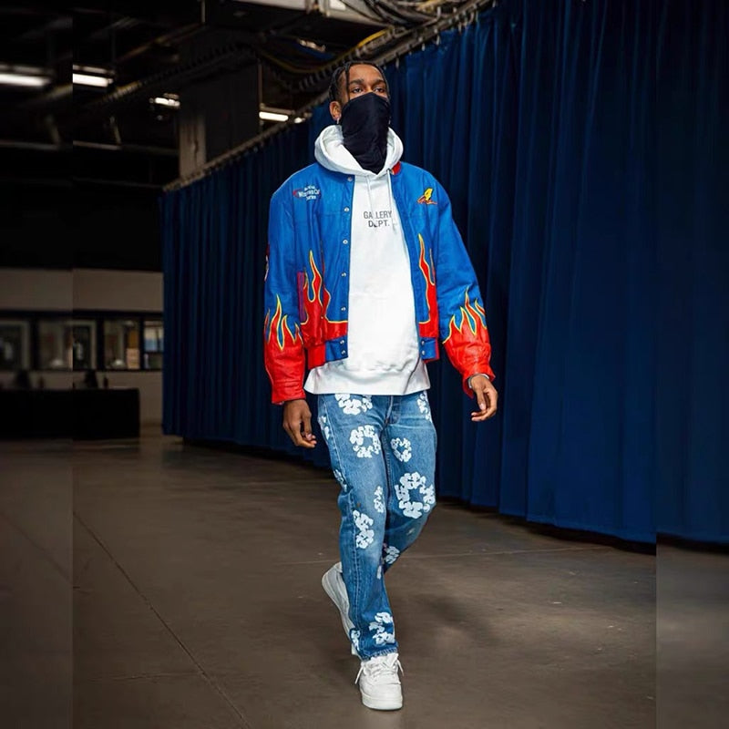 Flower White Printed Straight Jeans