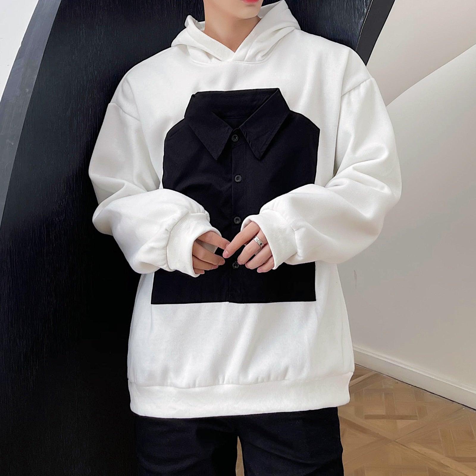 Solid Folded Shirt Patchwork Style Hoodies