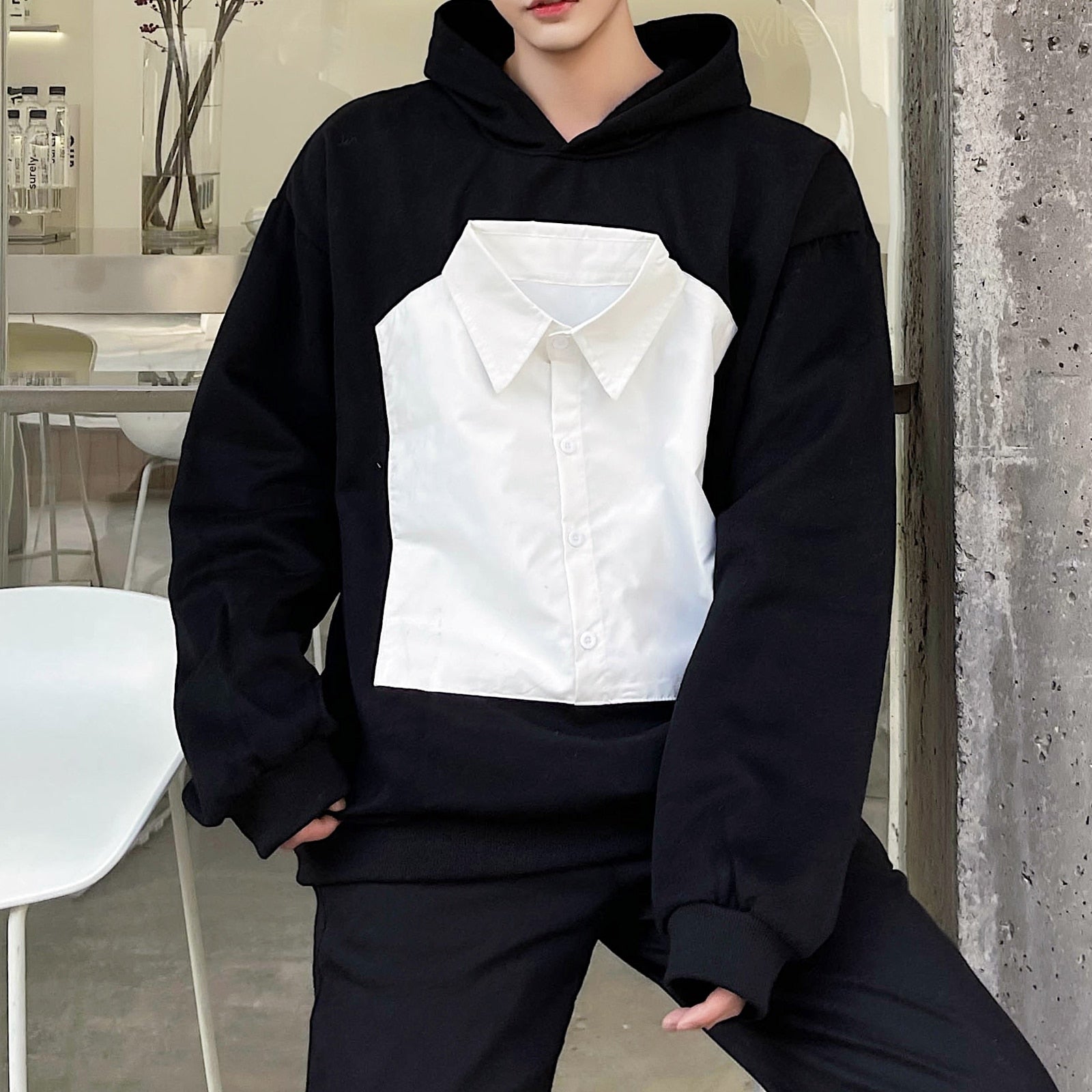 Solid Folded Shirt Patchwork Style Hoodies