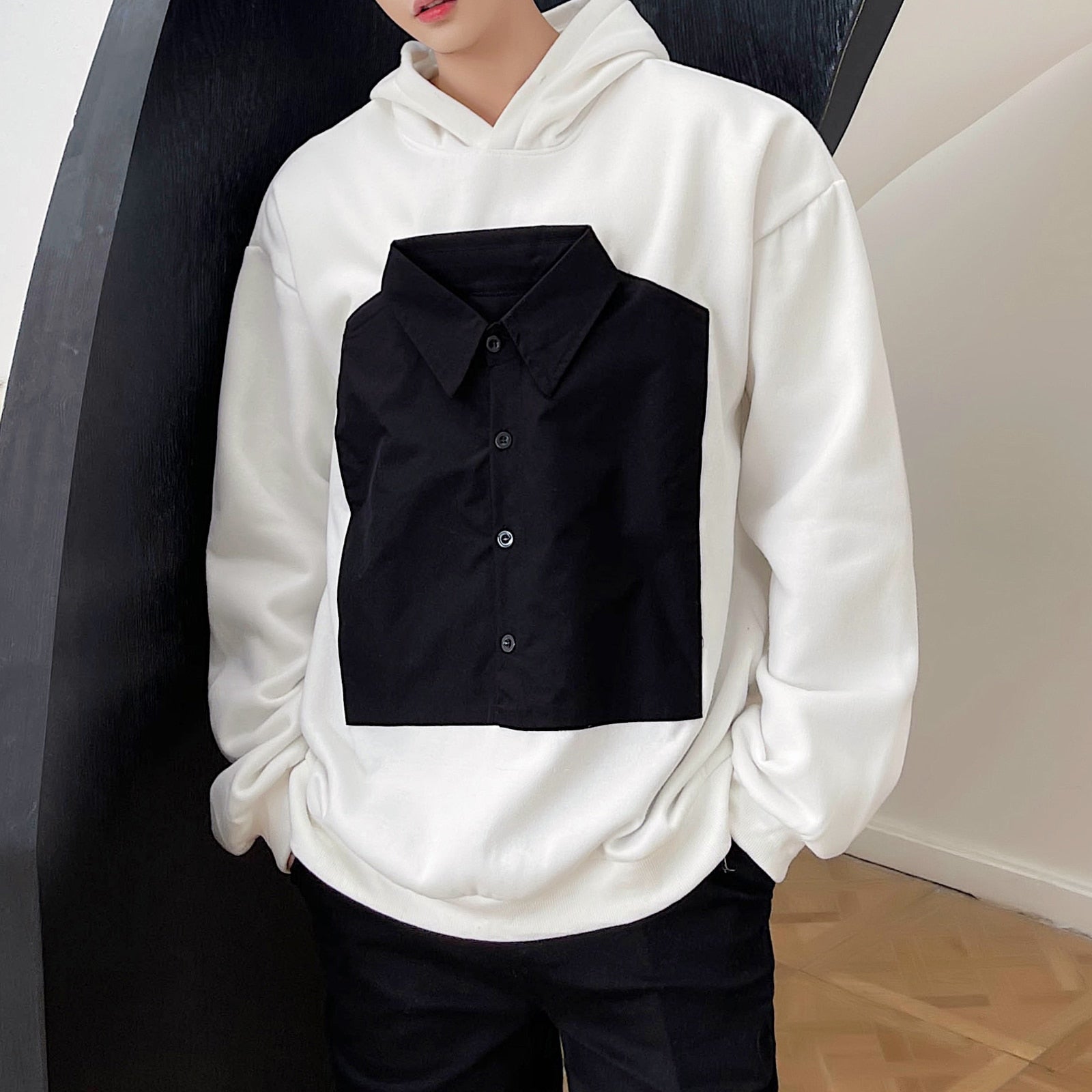 Solid Folded Shirt Patchwork Style Hoodies