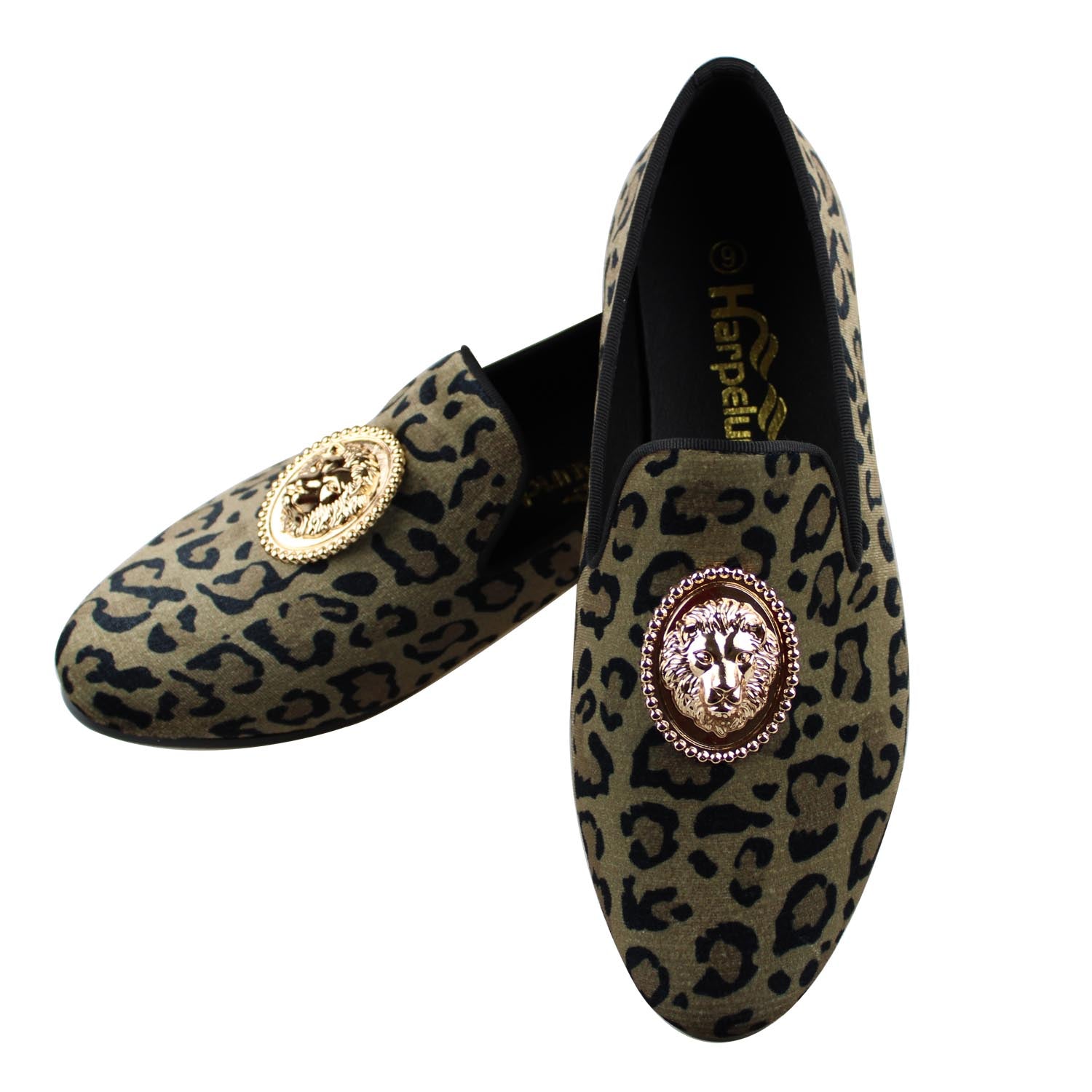 Velvet Leopard Print with Lion Emblem Men Loafers Shoes