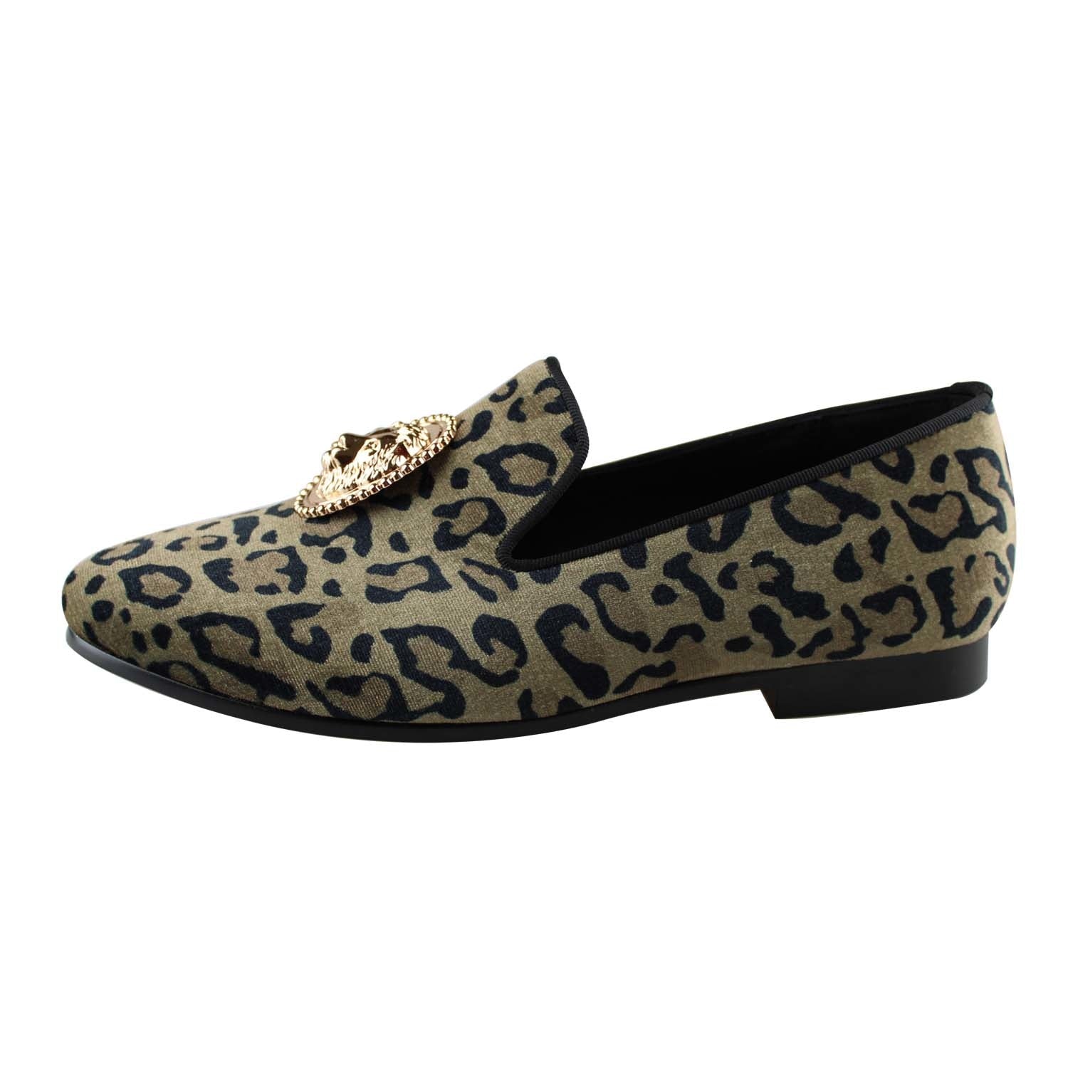 Velvet Leopard Print with Lion Emblem Men Loafers Shoes