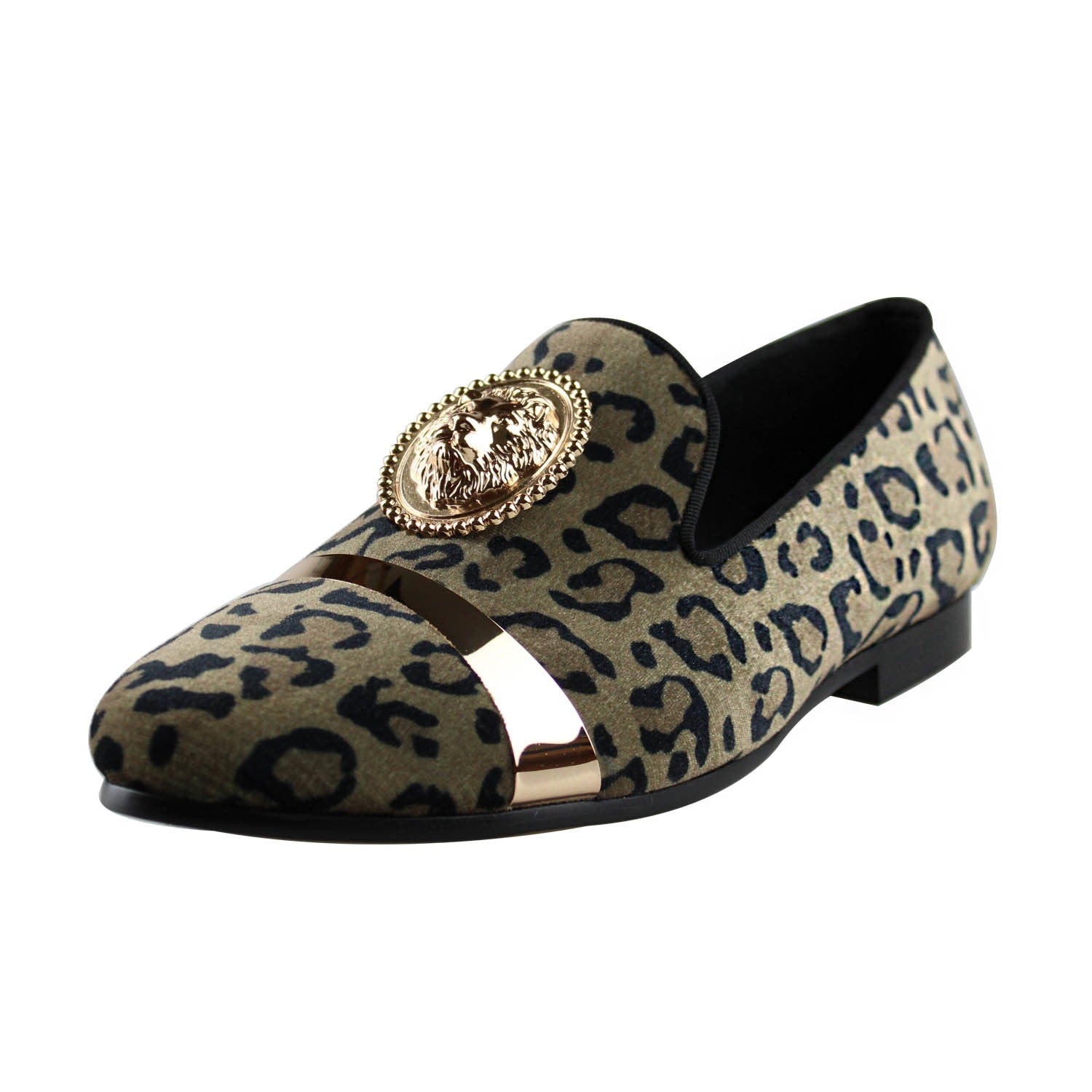 Leopard Print with Lion and Metal Strap Men Velvet Loafer Shoes