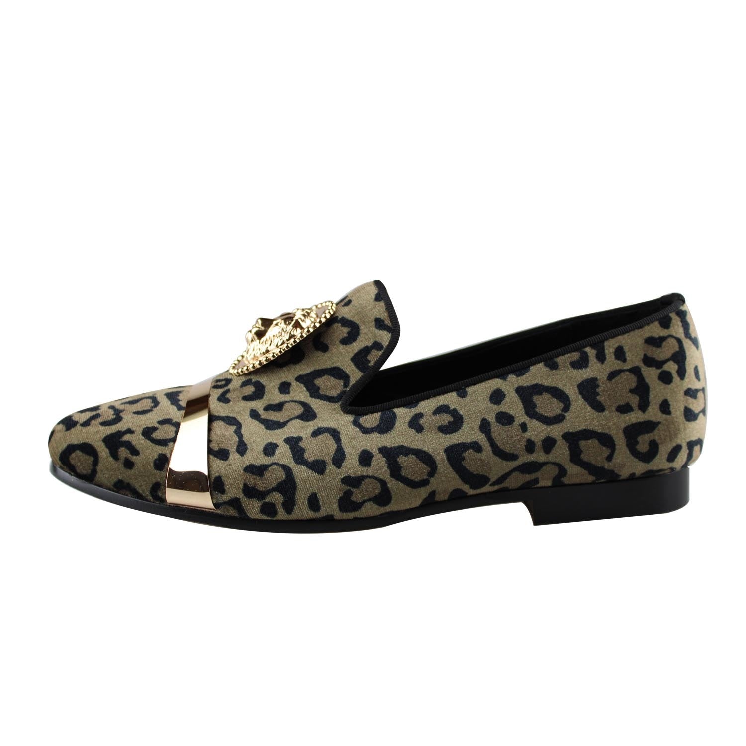 Leopard Print with Lion and Metal Strap Men Velvet Loafer Shoes