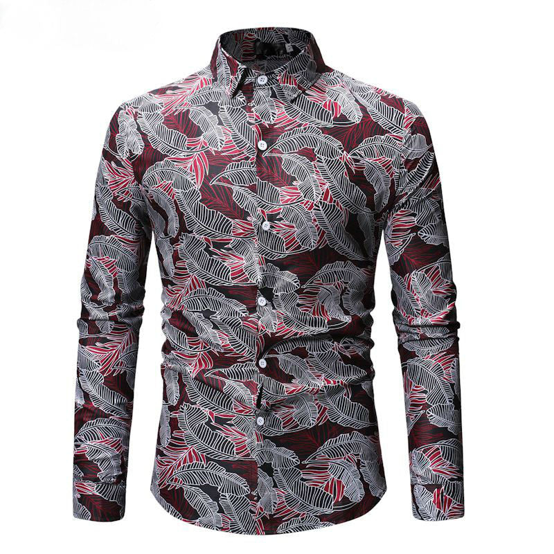 Casual Long Sleeve Hawaiian Leaf Print Men Shirt - FanFreakz