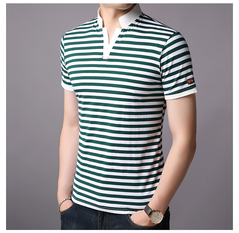 Minimalist Striped Stand Collar Style Polo Shirt