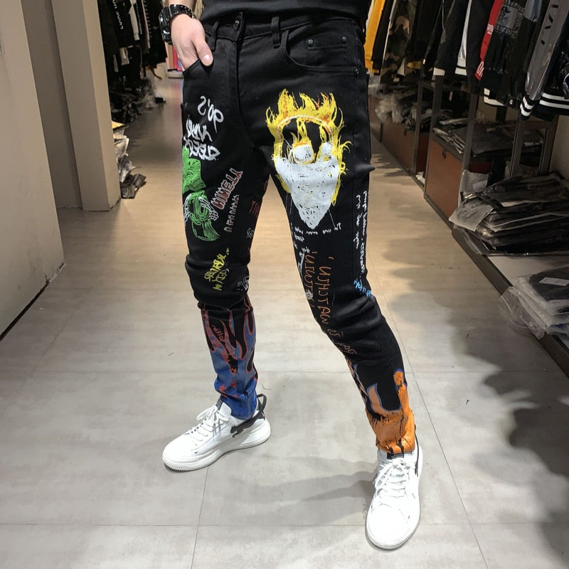 Black with Letters Flame Colored Painted Print Slim Straight Men Jeans