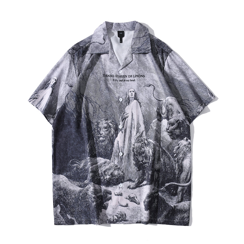 Grey Angelic And Lions Printed Polyester Shirt