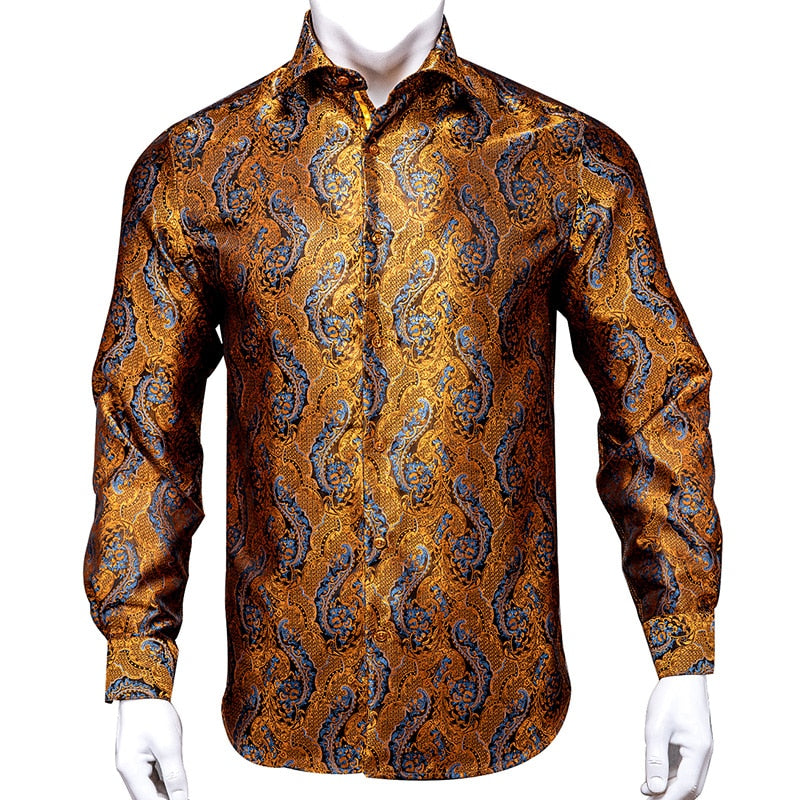 Vertical Paisley Decorated Shiny Silk Shirt