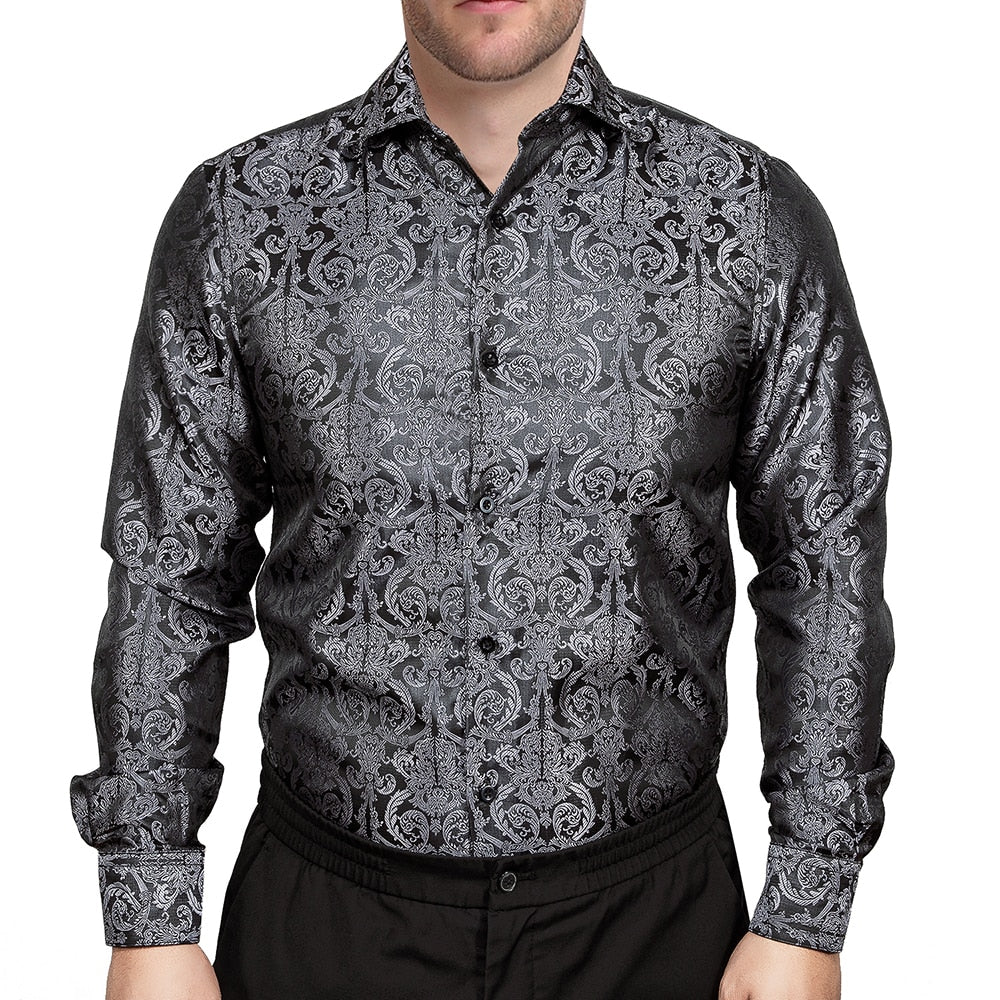 Vertical Paisley Decorated Shiny Silk Shirt