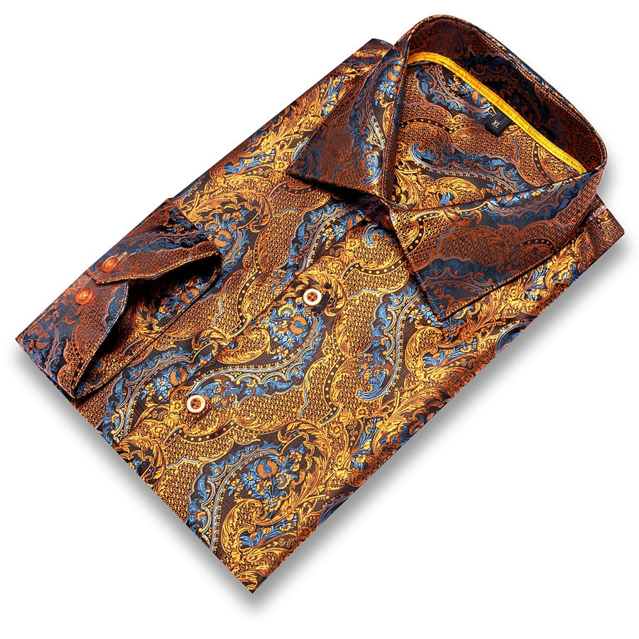 Vertical Paisley Decorated Shiny Silk Shirt