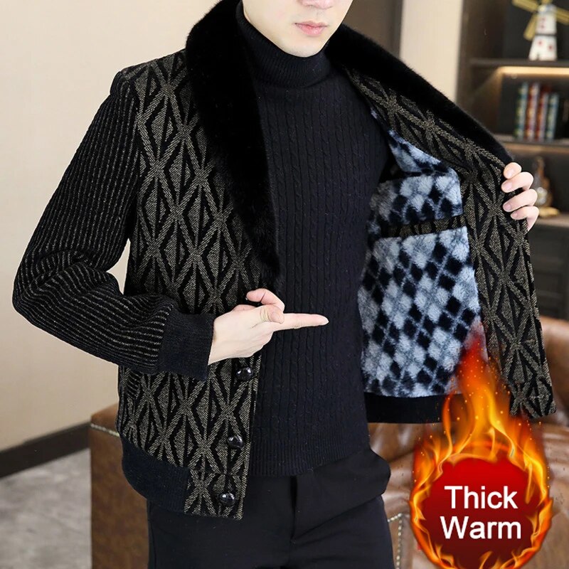 Geometric Pattern Fur Flip Collar Jacket