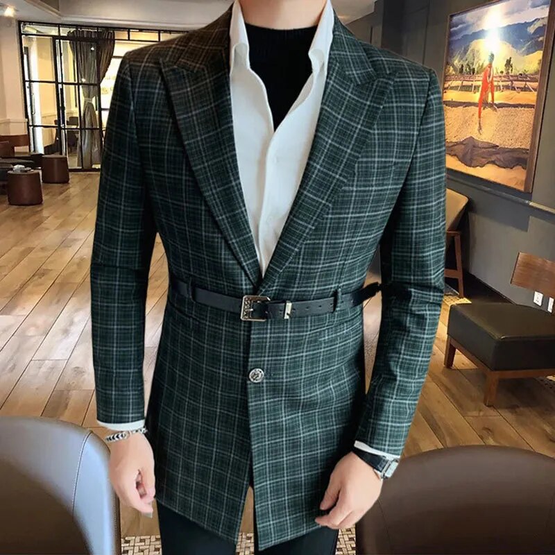 Plaid Pattern Belt Buckle Blazer