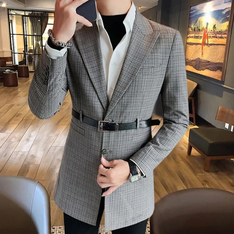 Plaid Pattern Belt Buckle Blazer